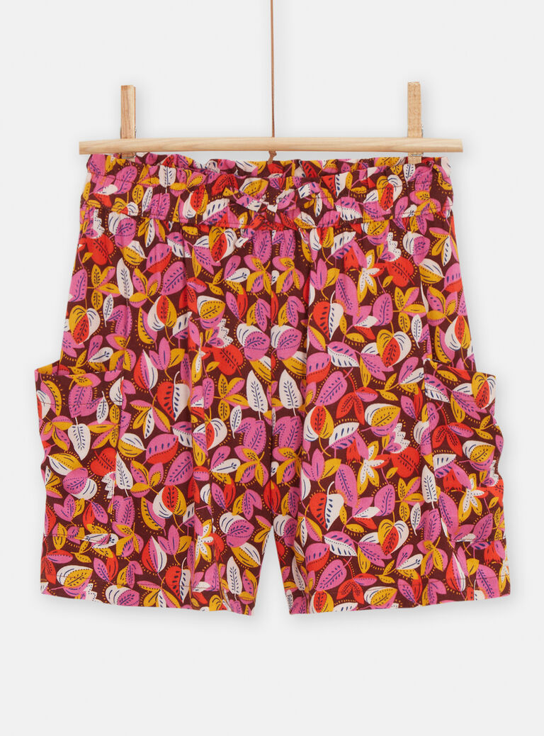 Short fluide marron imprimé feuilles pour fille