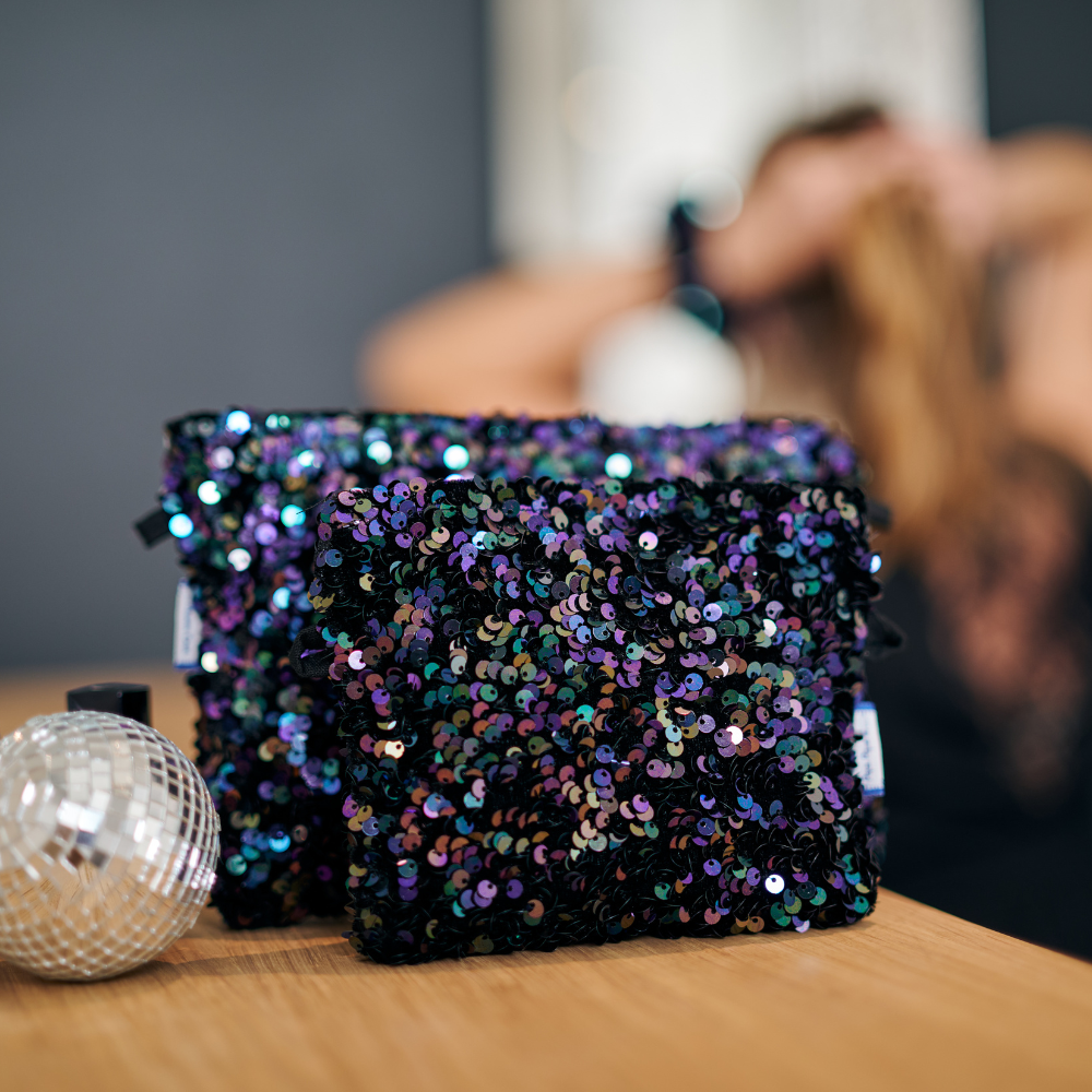 Mini Pochette Tissu Sequins Violet Noir