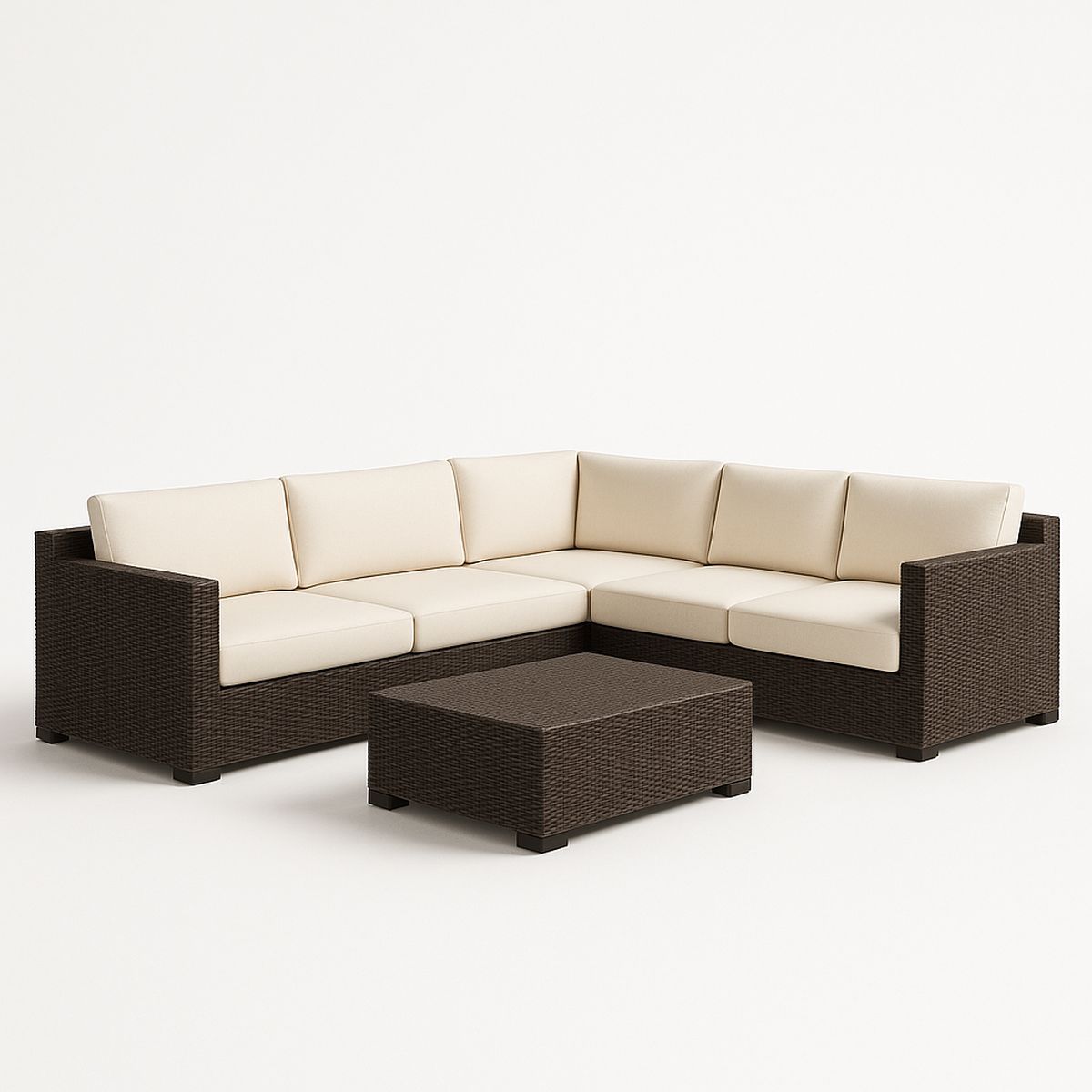 Ecksofa-Set Rattan Dunkelbraun Beige Kissen Aluminiumrahmen
