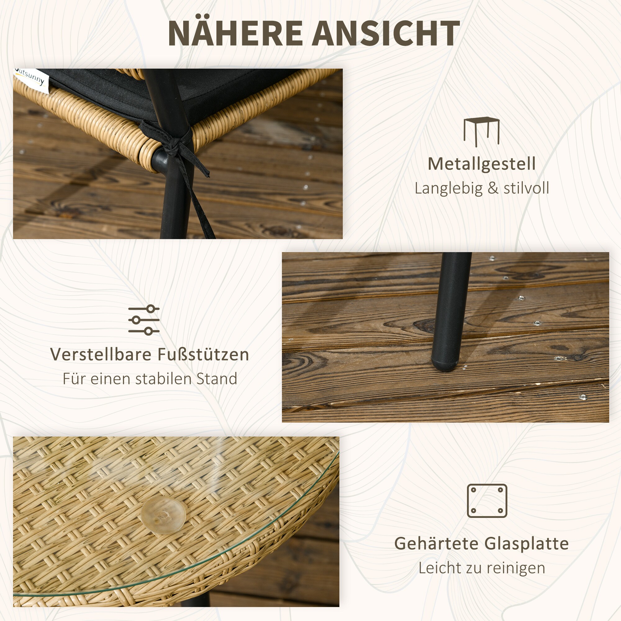 Outsunny Rattan Bistro-Set mit 2 Stühlen schwarz, natur 55L x 62B x 90H cm