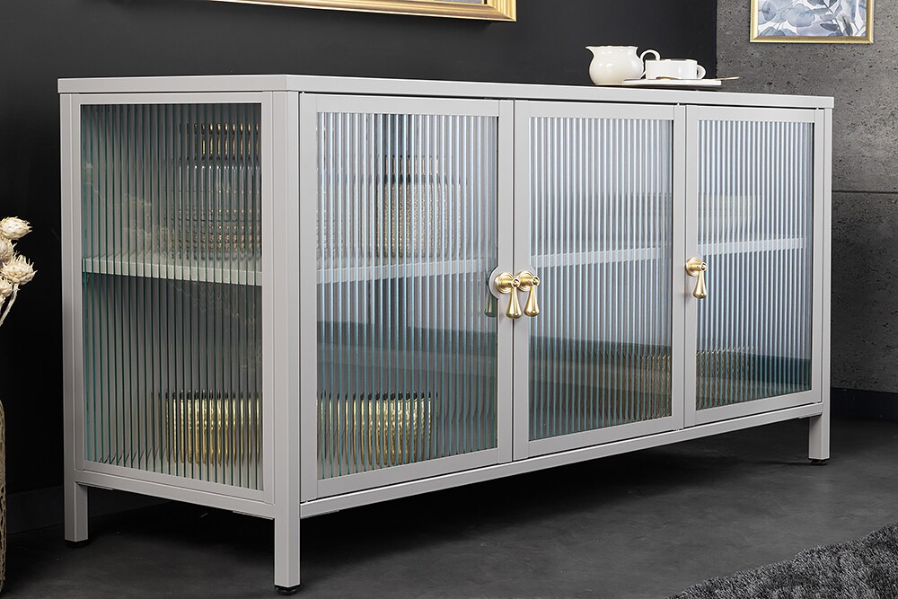 riess-ambiente Sideboard AMSTERDAM - 105cm greige gold Riffelglas Metall Vitrine Schrank Modern
