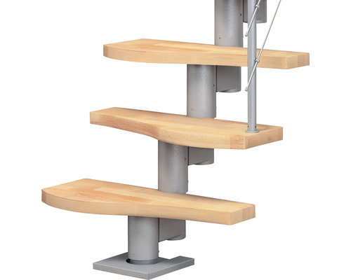 Pertura middentrap, ruimtebesparende trap Vaia, parelgrijs, variabel, kwartslag, links/rechts onder, recht, 64 cm, balustrade, beukenhout gelamineerd, gelakt, 11 treden / 12 stootborden