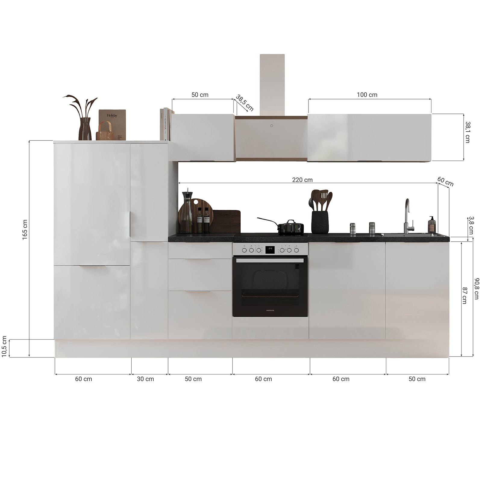 RESPEKTA Küchenblock - weiß Hochglanz - Artisan Eiche - mit E-Geräten - 310 cm