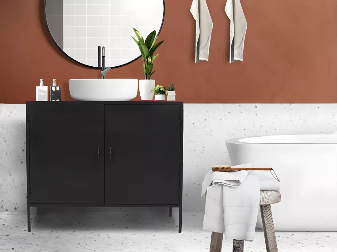 Meuble sous vasque en métal noir et bois de manguier- 2 portes - 95 cm - ORIONIS
