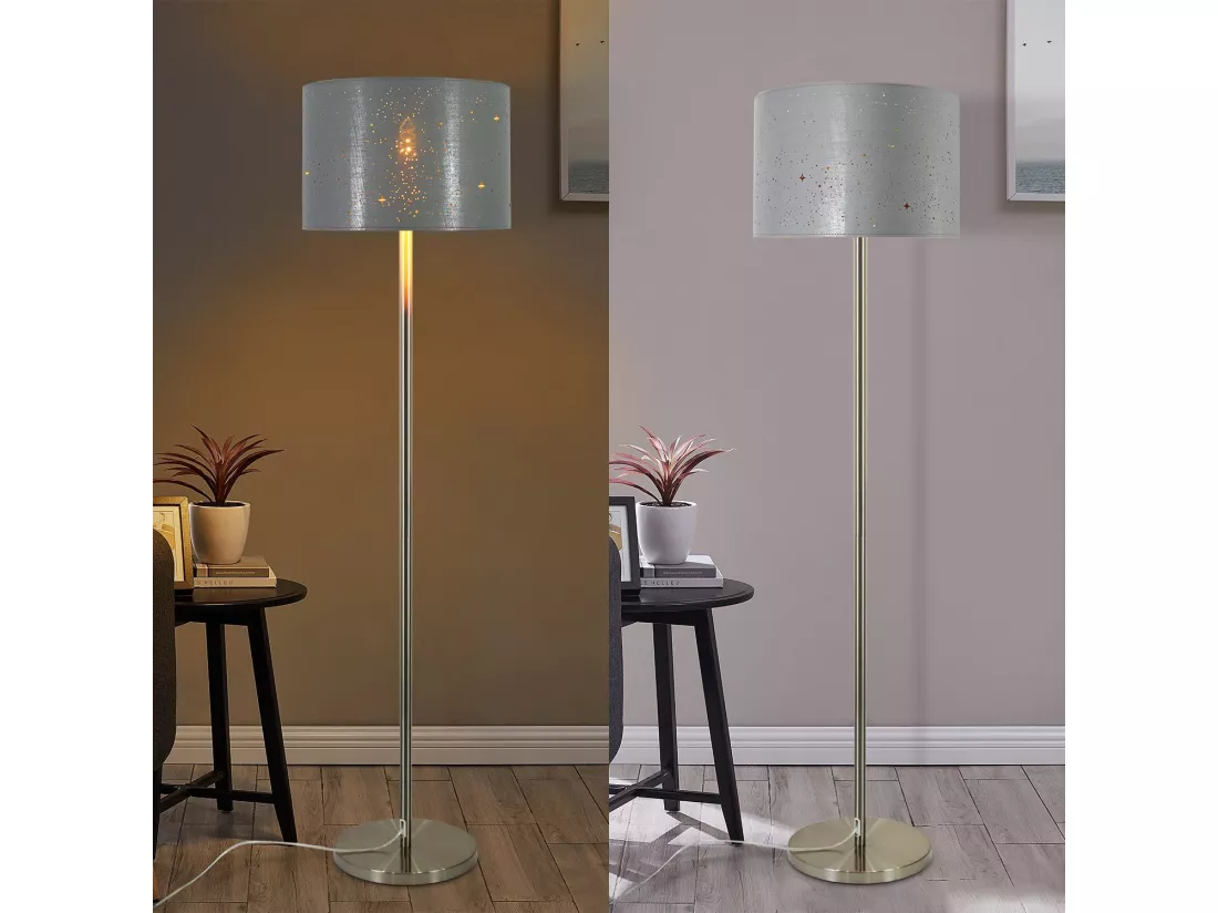 NETTLIFE Lampadaire Salon moderne - Lampe sur pied avec abat-jour en tissu gris or design étoile 144cm avec interrupteur à pied E27 et prise