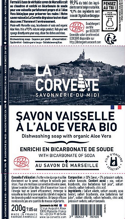 Savon vaisselle à l'aloe vera bio au savon de Marseille La Corvette Savonnerie du midi 200g