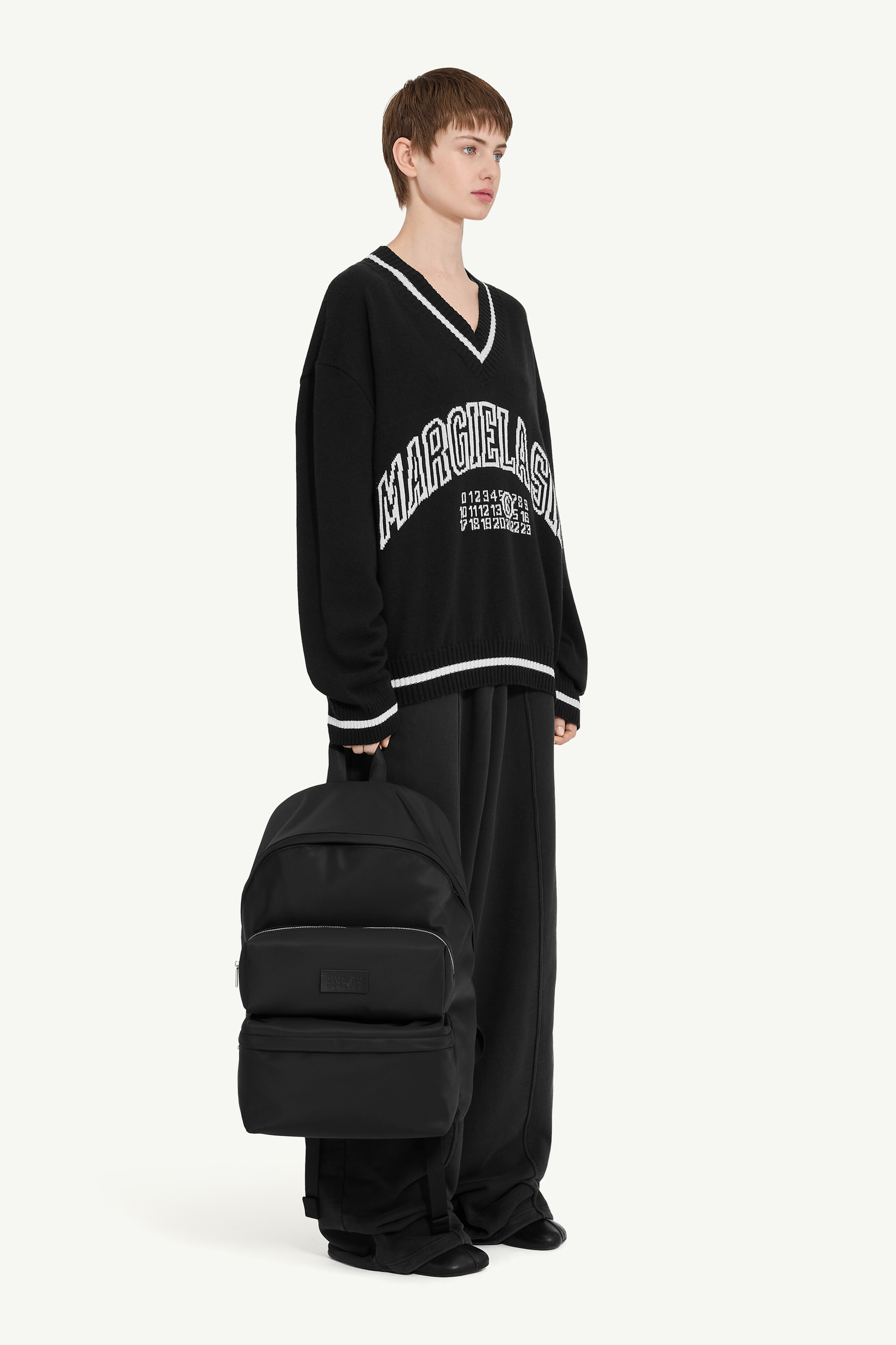 Black Cotton V-Neck Varsity Jumper
