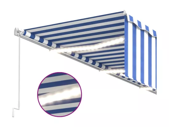 Auvent manuel rétractable avec store et LED 6x3 m Bleu et blanc