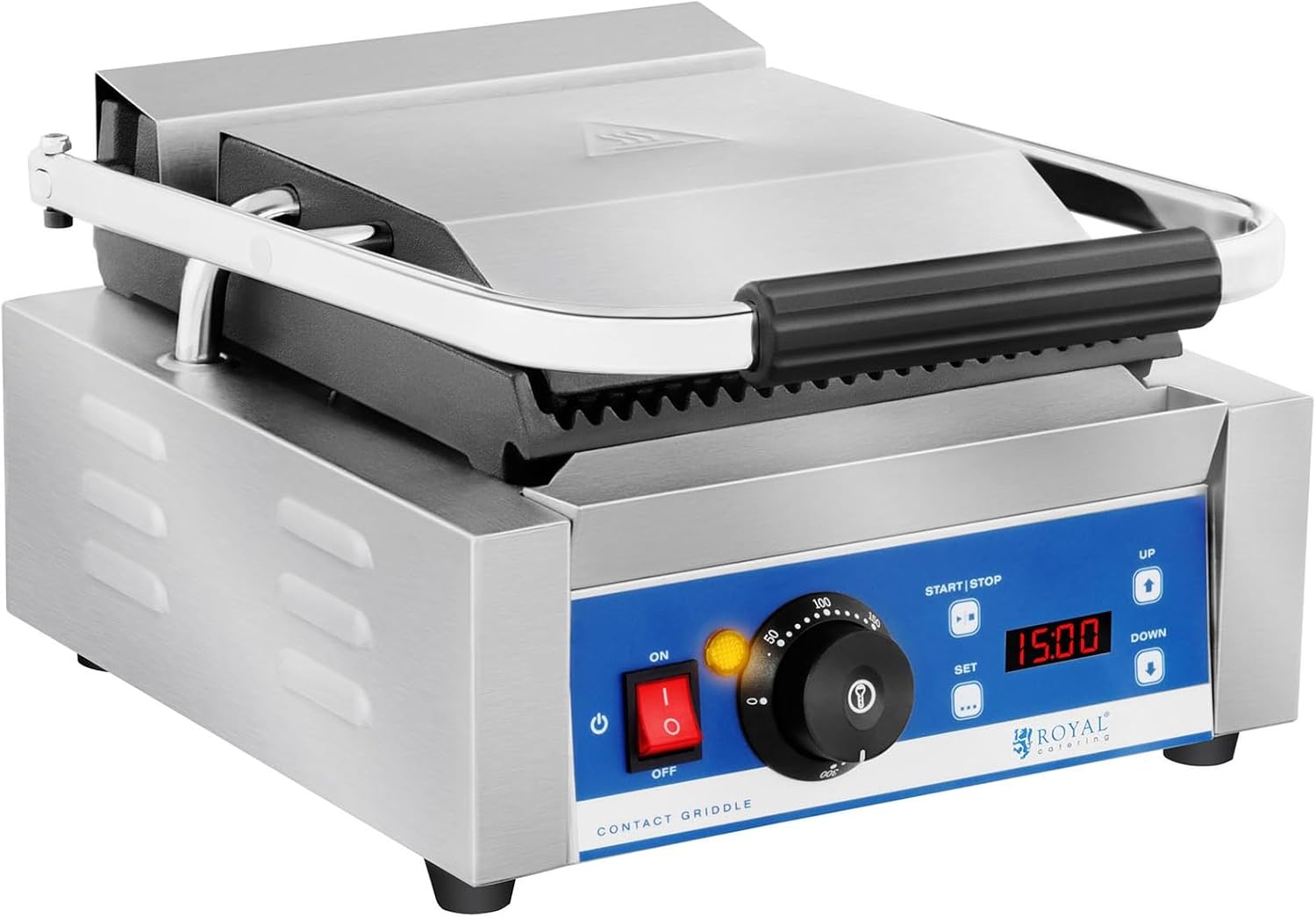 Royal Catering Kontaktgrill Elektrogrill Pannini Grill (1800 W, 55–300 °C, geriffelt, Timer 15 min, Abtropfschale, 36,2 x 31,3 x 20,1 cm, Gusseisen emailiert)