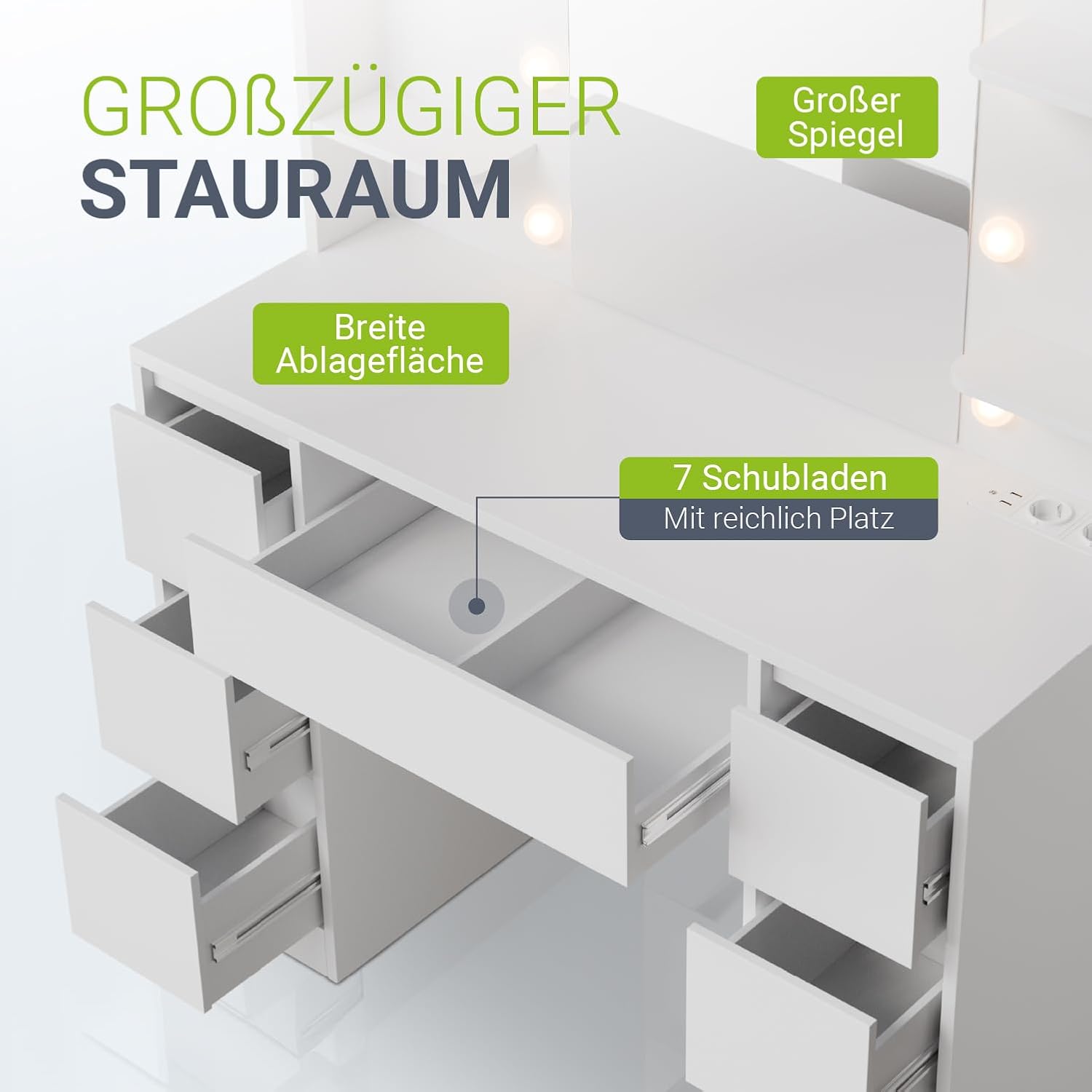 Juskys Schminktisch Malia mit LED-Spiegel, 7 Schubladen, individuelle Lichteinstellung, viel Stauraum, modernes Design, kompakt & pflegeleicht für Make-up