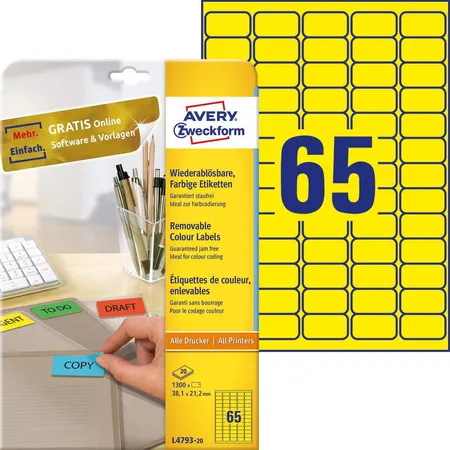 Avery Zweckform L4793-20 Farbige Etiketten,A4 38,1 x 21,2 mm, 20 Bogen/1.300 Etiketten, gelb