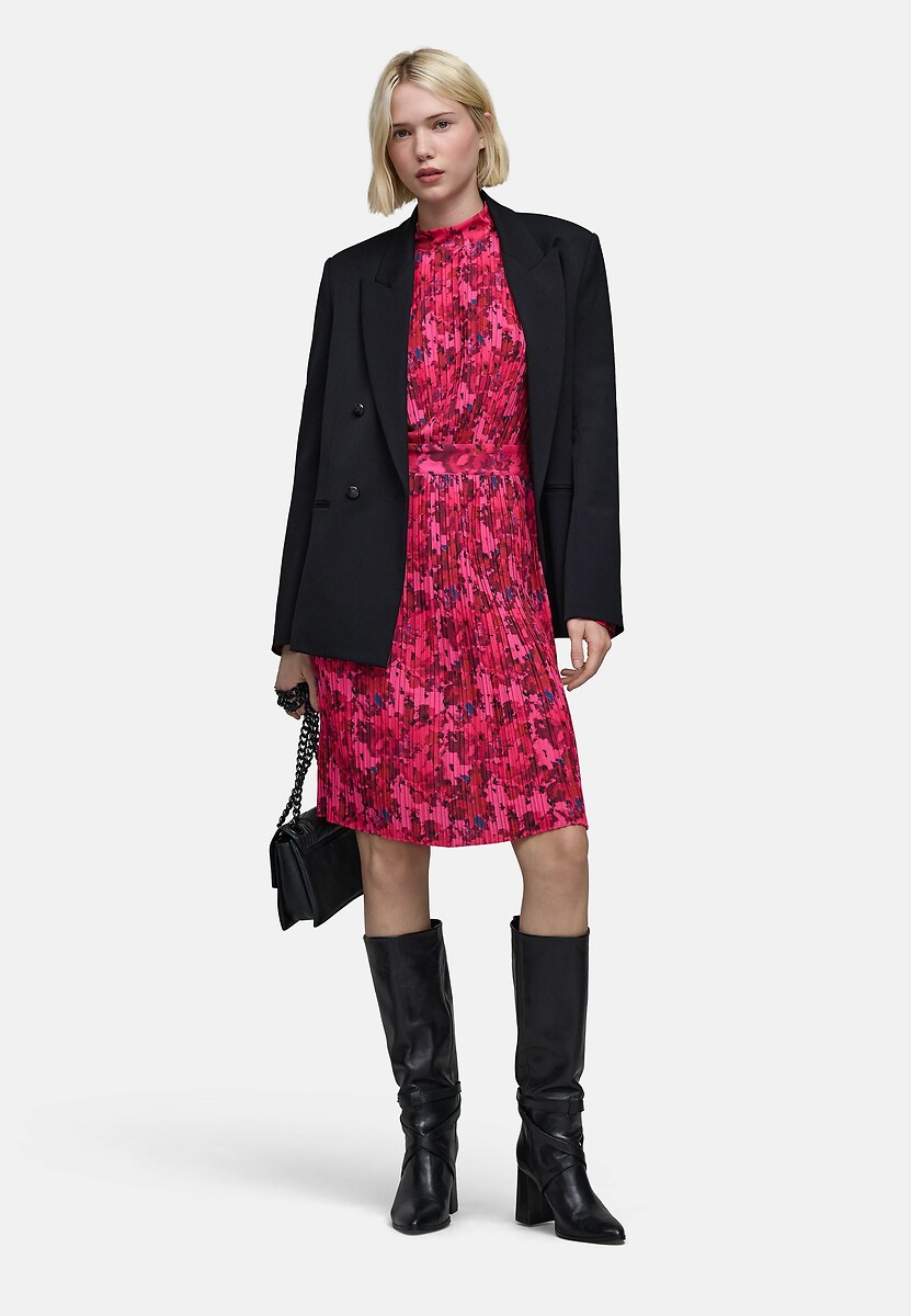 IKKS<br>Vestido midi plissado estampado com mangas compridas