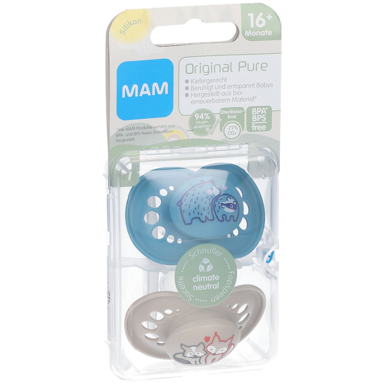MAM Original Pure Silikonschnuller 16+ Monate, Bär/ Fuchs