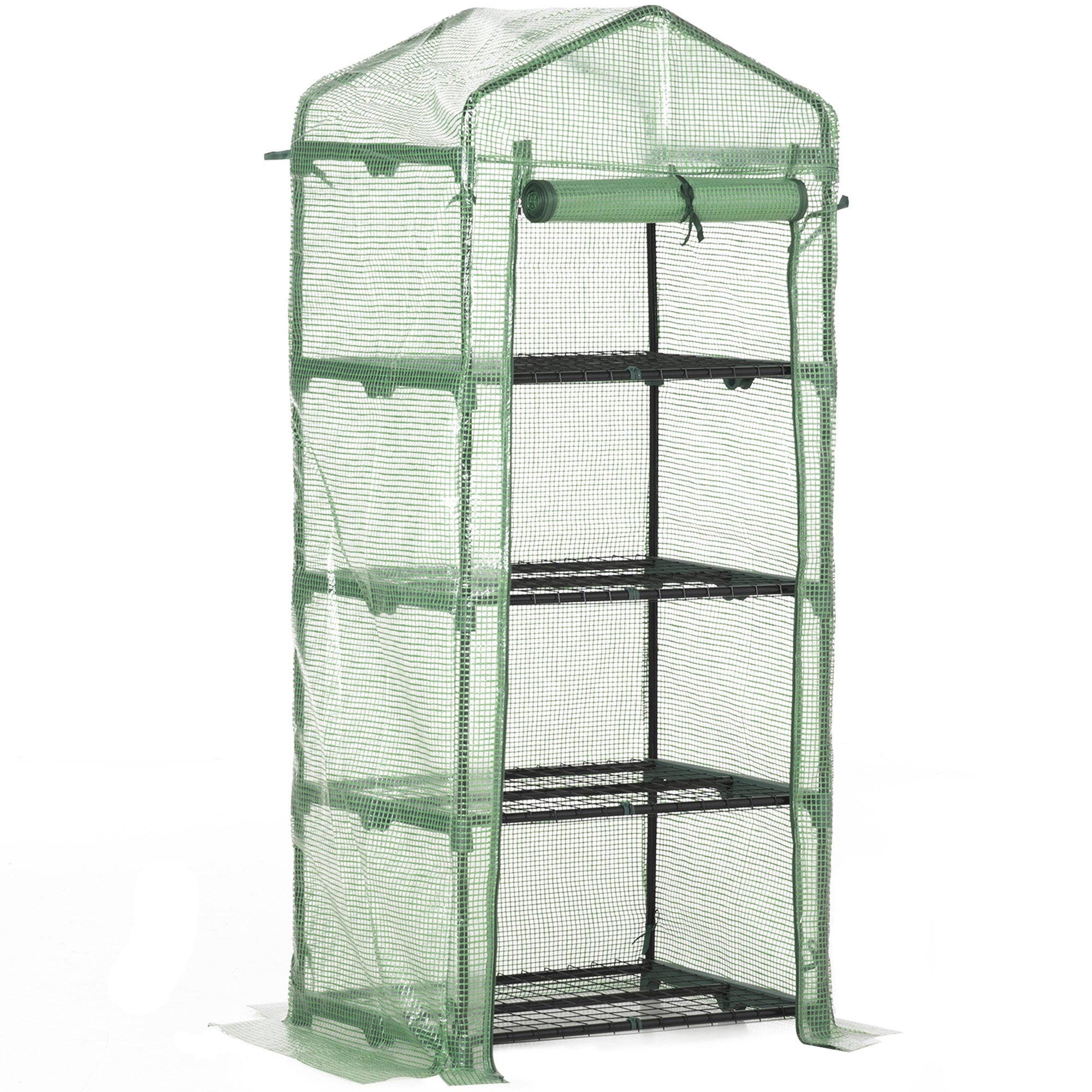Estufa de jardim Outsunny com 4 prateleiras e cobertura de PE, tipo galpão com estrutura tubular de aço, ideal para cultivo de plantas, flores e vasos, 70x50x160 cm, verde.