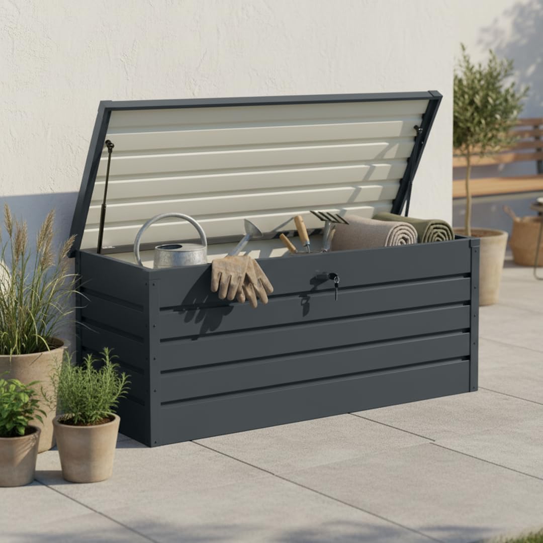 STEELSØN Dorado Gartenbox aus verzinktem Metall 600 Liter – Outdoor Box wasserdicht Anthrazit – Auflagenbox abschließbar mit klappbarem Deckel – Aufbewahrungsbox Garten/Balkon/Terrasse 165x70x63 cm