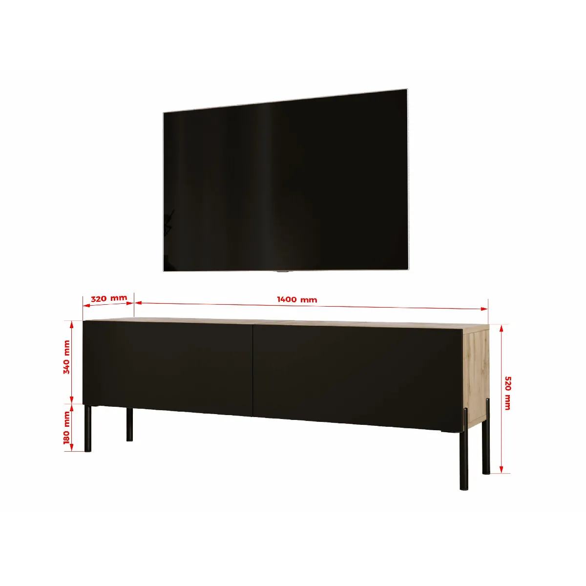 3xeliving Meuble TV - Chêne Wotan/Noir Mat 140 cm
