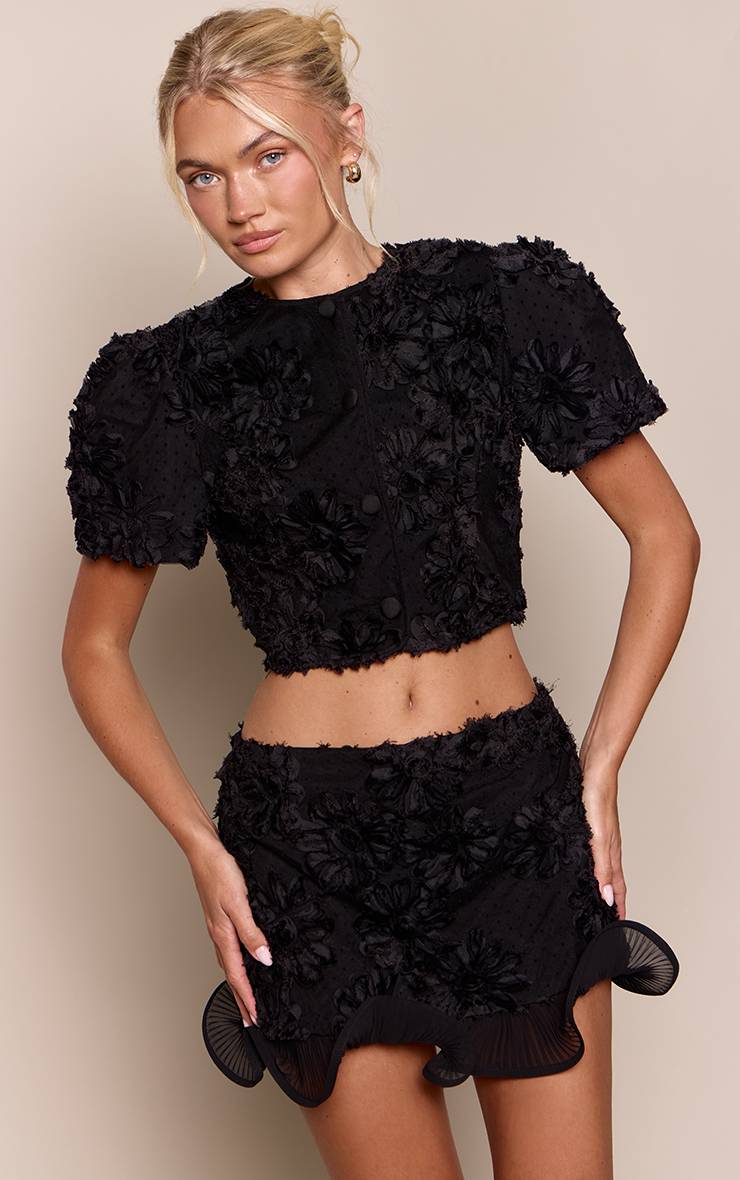 Noir Ensemble Jupe Mini À Ourlet À Volants En Dentelle Florale Boucle
