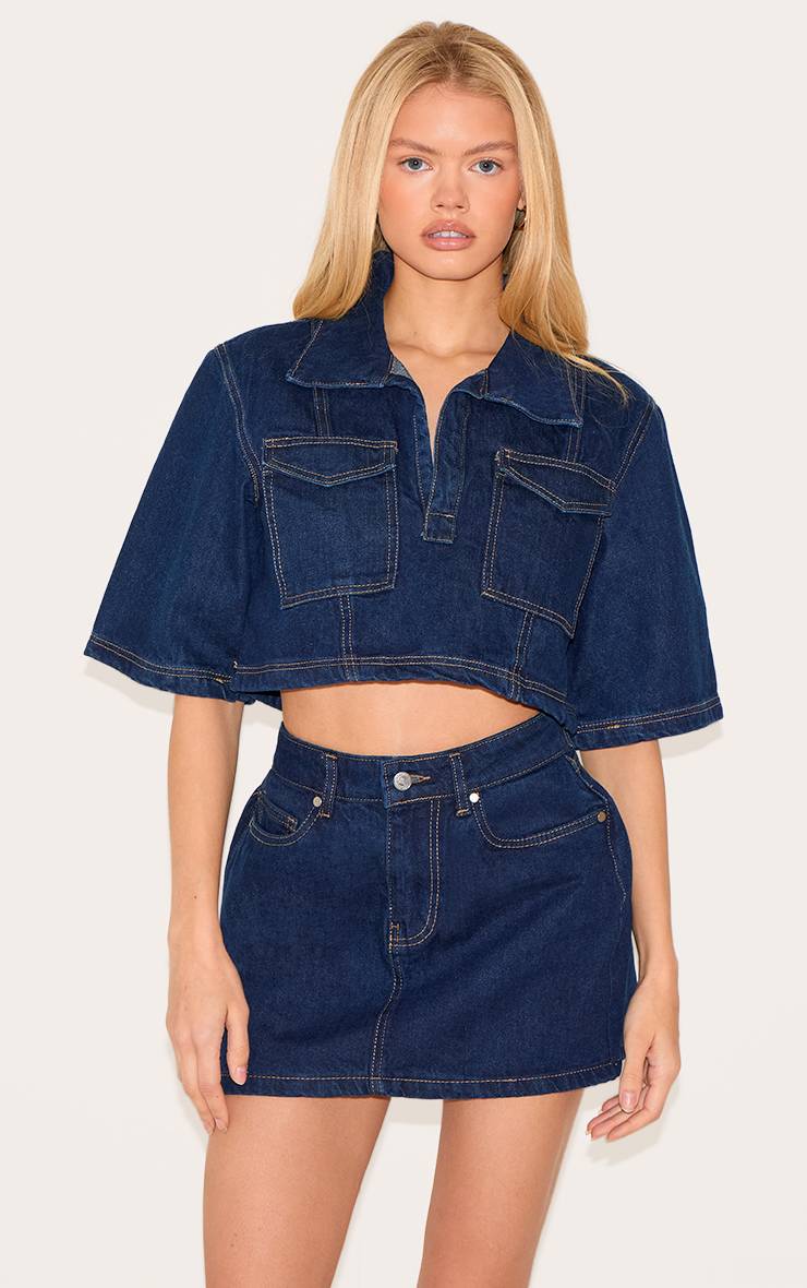 Bleu Indigo Chemise En Denim Raccourcie À Coutures Contrastées