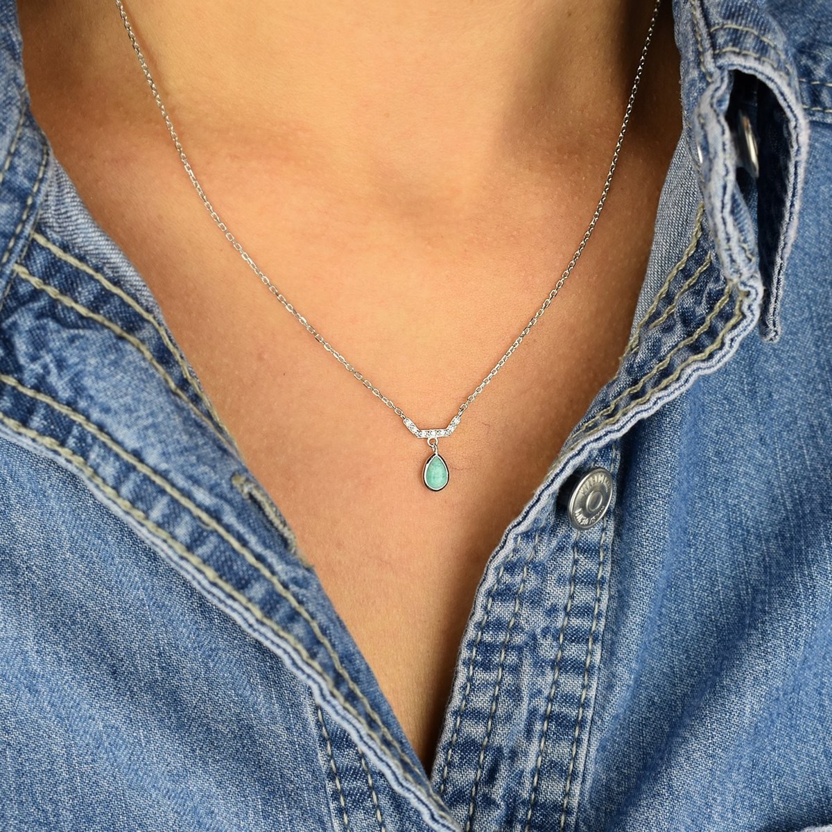 Collier goutte d'Amazonite pierre naturelle et oxydes de zirconium Argent 925 Rhodié