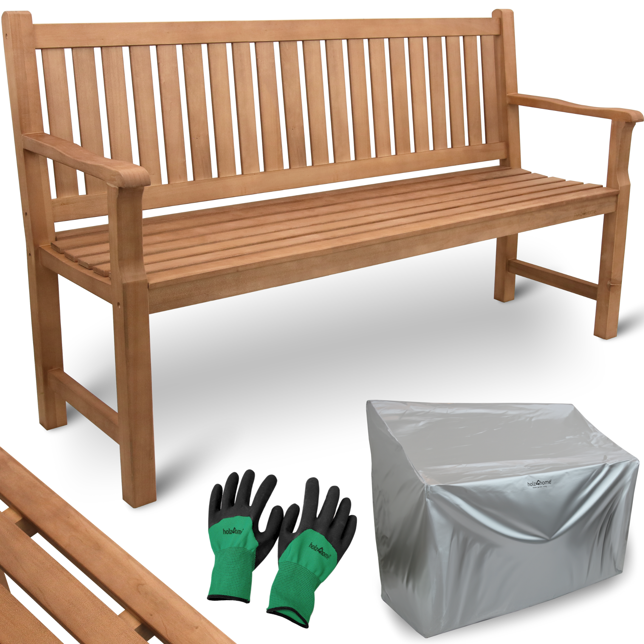 holz4home® Gartenbank aus Holz mit Schutzabdeckung und Gartenhandschuhen | 150cm