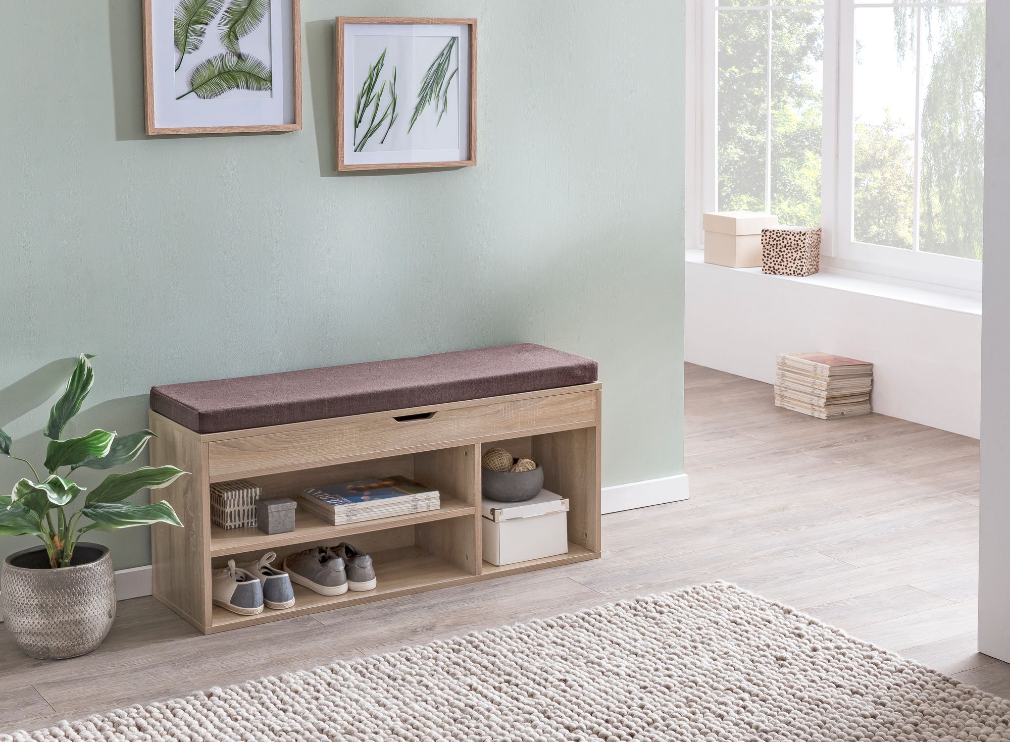 KADIMA DESIGN Garderobenbank mit Stauraum: Sitzkomfort, Funktionalität, Braun Stoffbezug, Viel Stauraum, Melaminharzbeschichtung