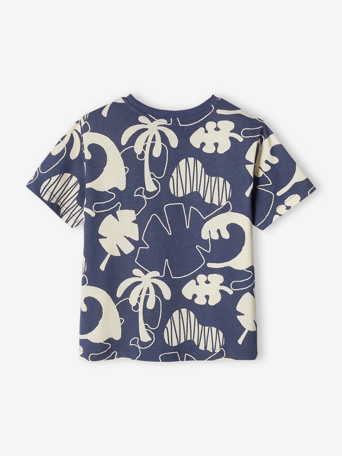 Camiseta infantil masculina com estampas exóticas gigantes, azul ardósia