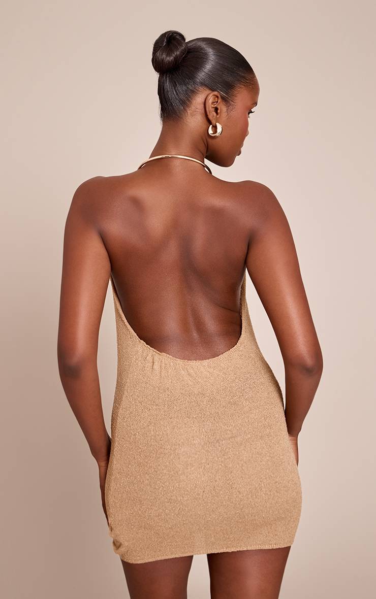 Camel Robe Mini Tricotée Avec Détail De Manchettes Dorées
