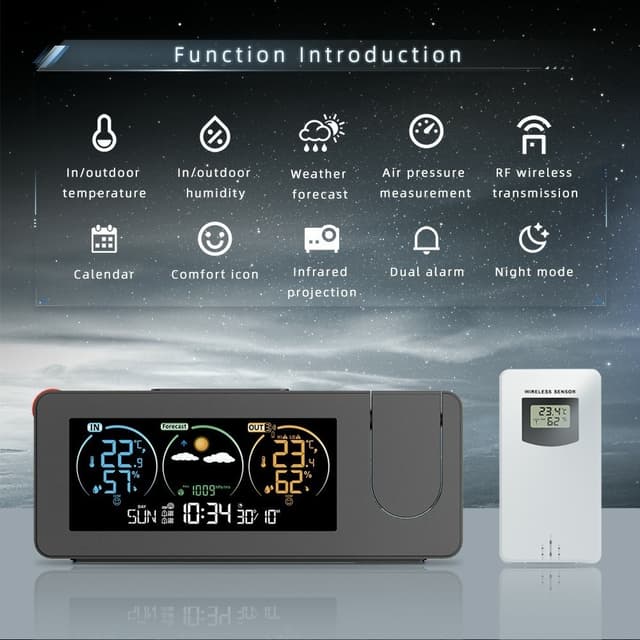 Projektionsur Kalender Vejrstation Digital alarm temperatur/fugtighedssensor