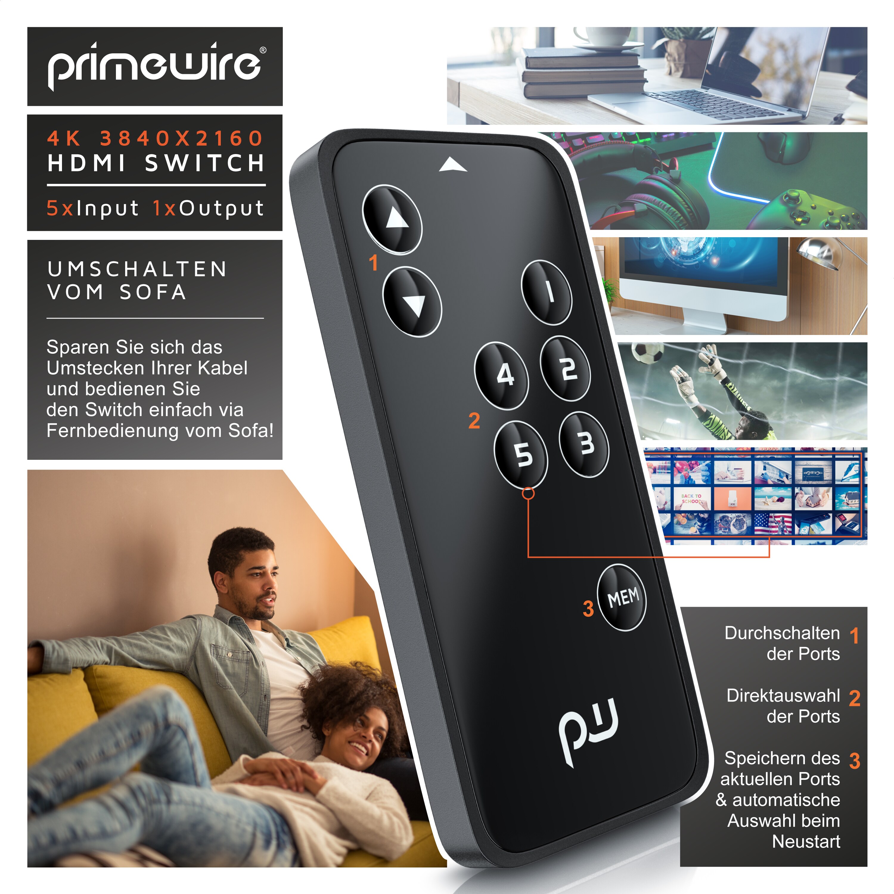 Primewire Ultra HD 4k 5-Port HDMI Umschalter inkl. Fernbedienung 5x HDMI IN / 1x HDMI OUT