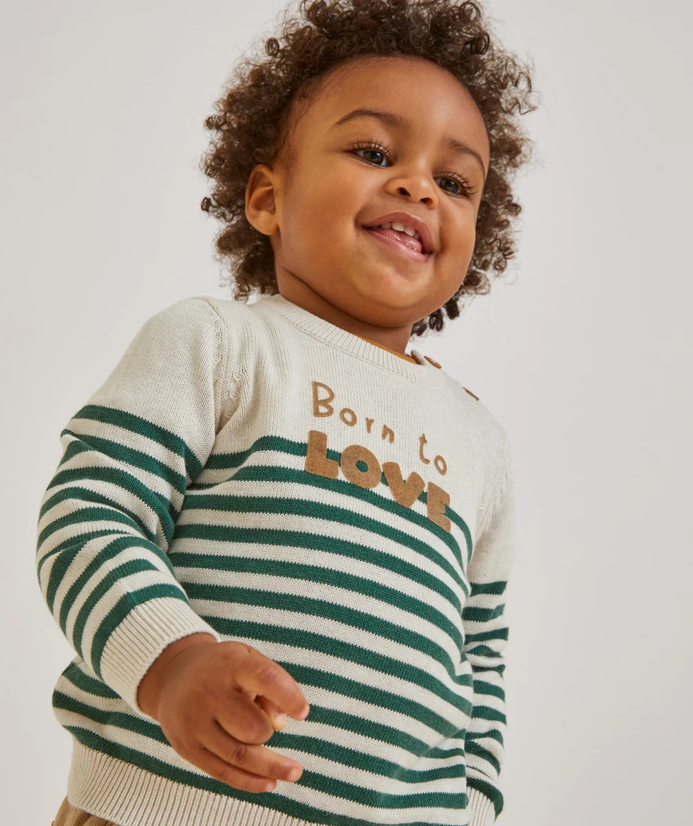 PULL EN TRICOT BÉBÉ GARÇON À RAYURES VERTES MESSAGE BORN TO LOVE