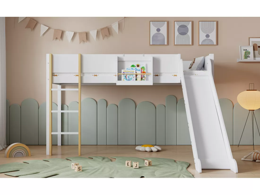 Lit mezzanine 90 x 200 cm avec toboggan, table et étagère amovible, pin+MDF, blanc+naturel