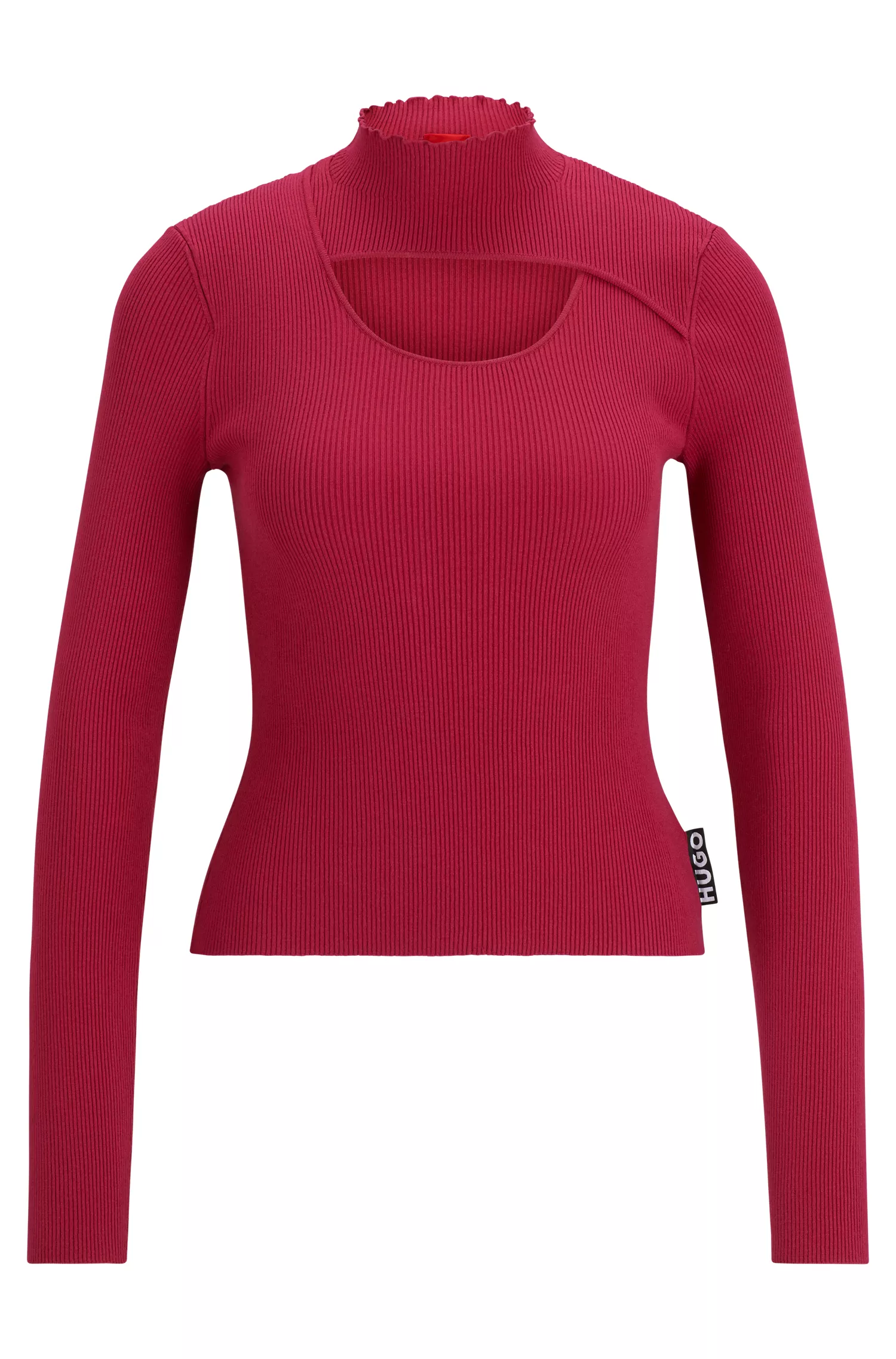 Suéter HUGO vermelho com gola franzida e detalhe vazado.