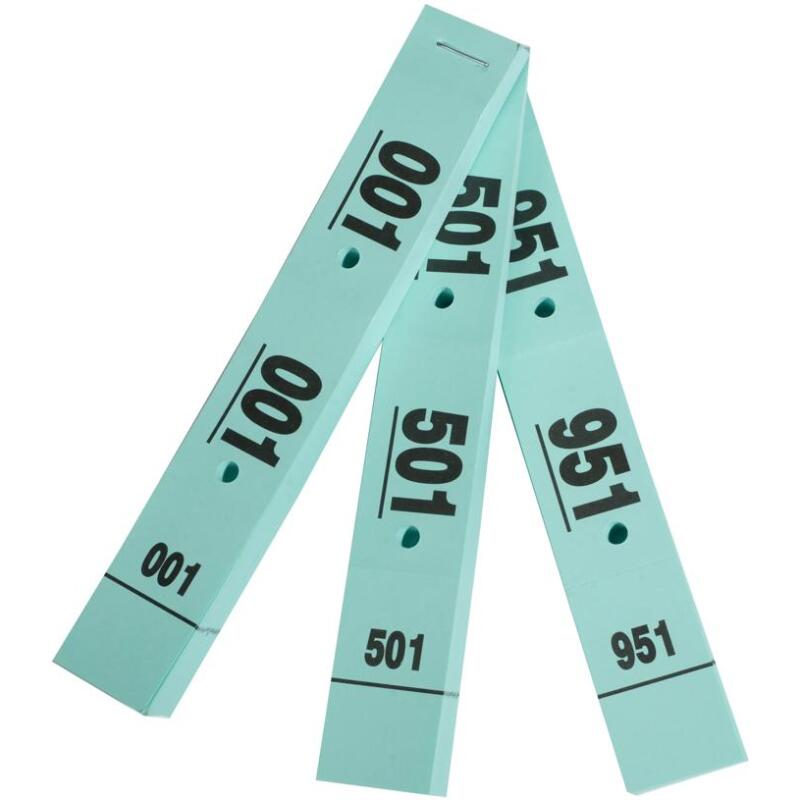 Carnet de 50 tickets vestiaires numérotés de 3 volets (dont 2 volets avec trous) - format 20 x 3 cm - vert