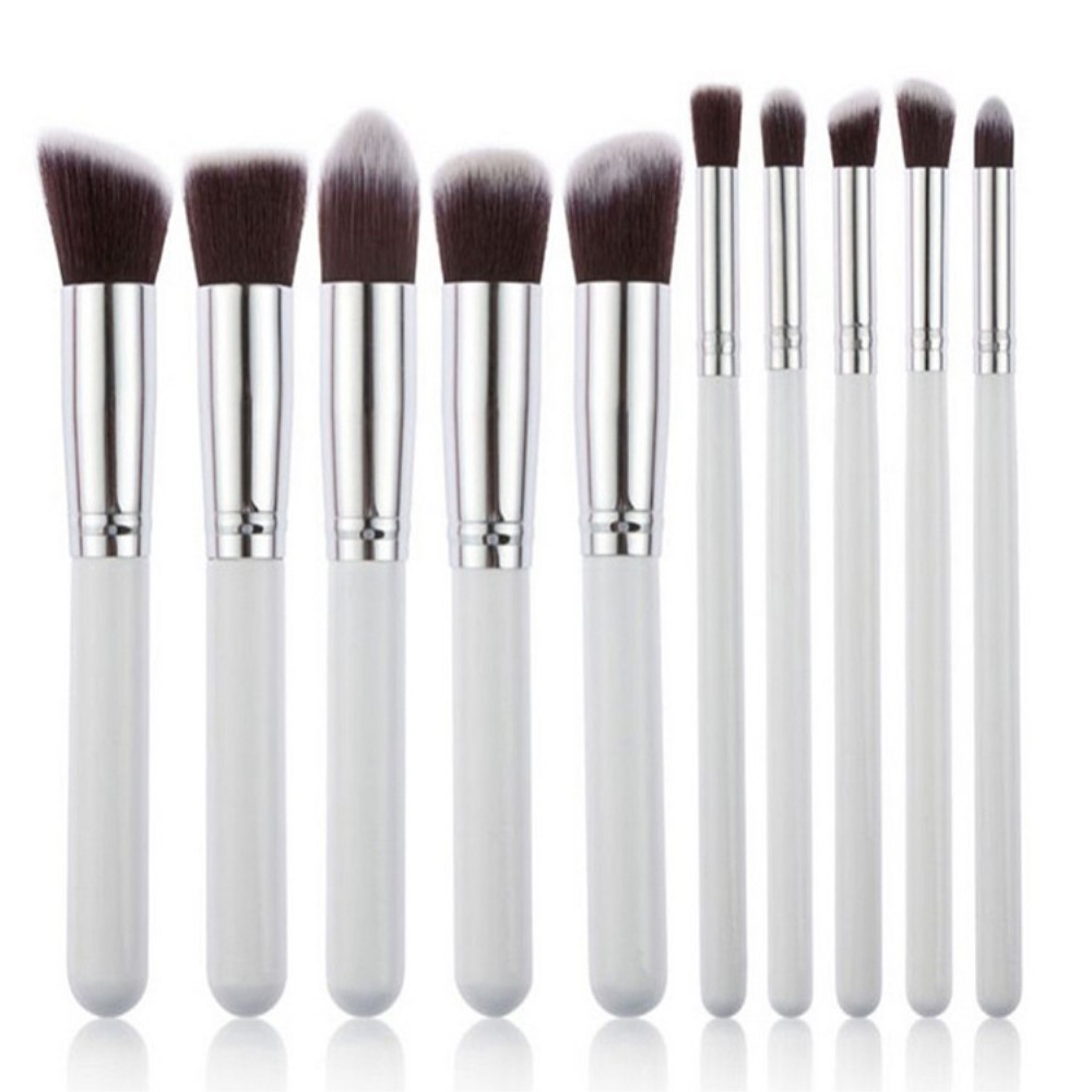 10-teiliges Beauty Make Up Puder Pinsel Set - Weiss / Silber