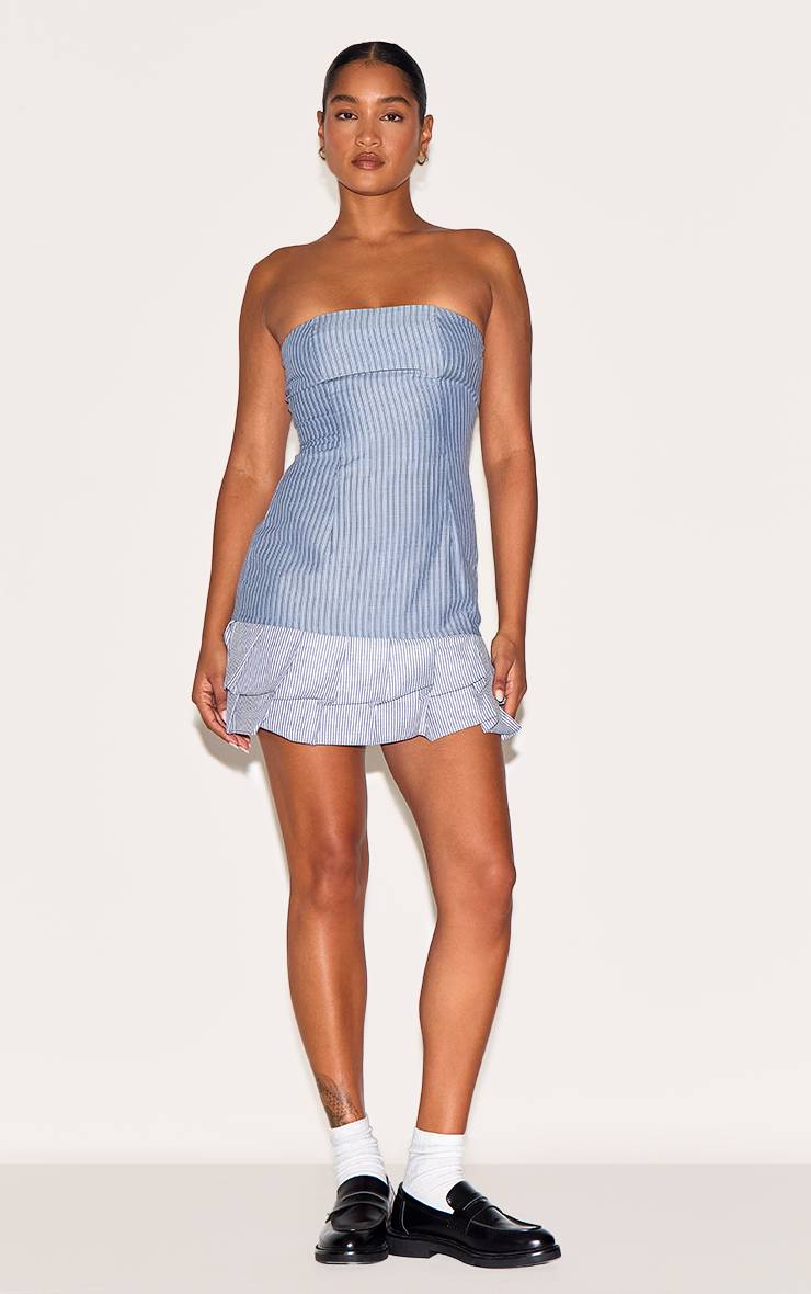Bleu Robe Droite Bustier À Fines Rayures Contrastées