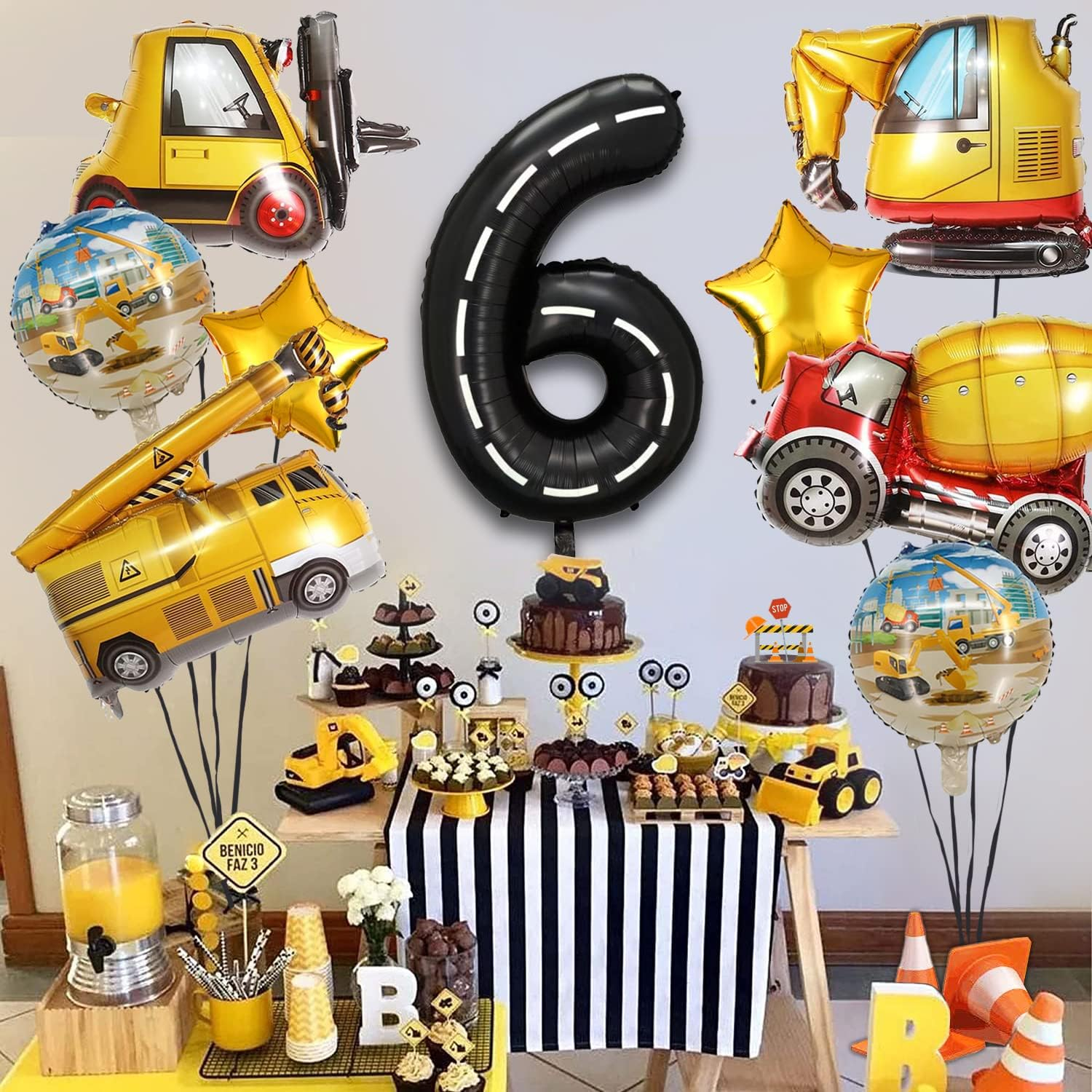 (9-tlg. Set) Zahlen Ballon Kinder Geburtstags Party Folienballon - Zahl 6 / Baustelle