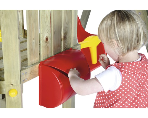 Speeltoren Plum voor peuters met babyschommel, brievenbus, stuur, bril en glijbaan, geel
