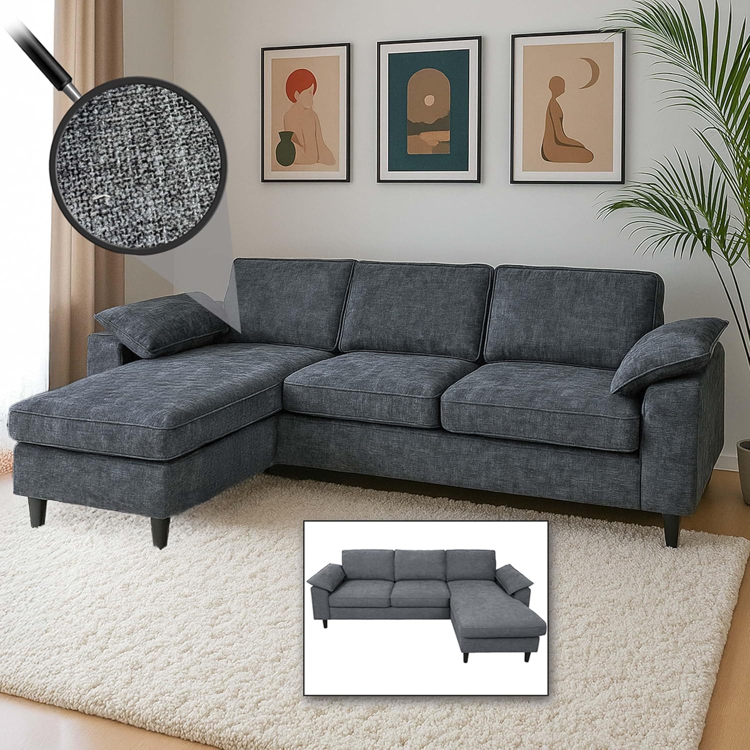 Mendler Sofa-Garnitur HWC-O71, Couch Sofa Ecksofa L-Form, Liegefläche Links/rechts, Stoff/Textil Holz 84x229x140cm - dunkelgrau