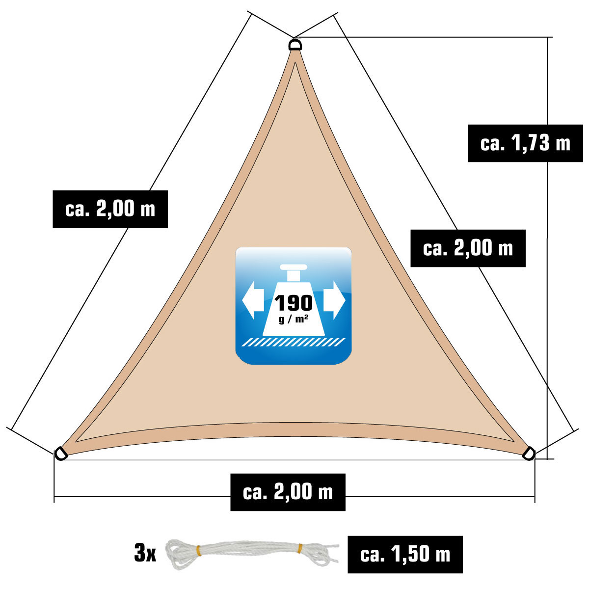 AMANKA 2 x 2 x 2 waterdicht schaduwdoek + bevestigingsset - Beige