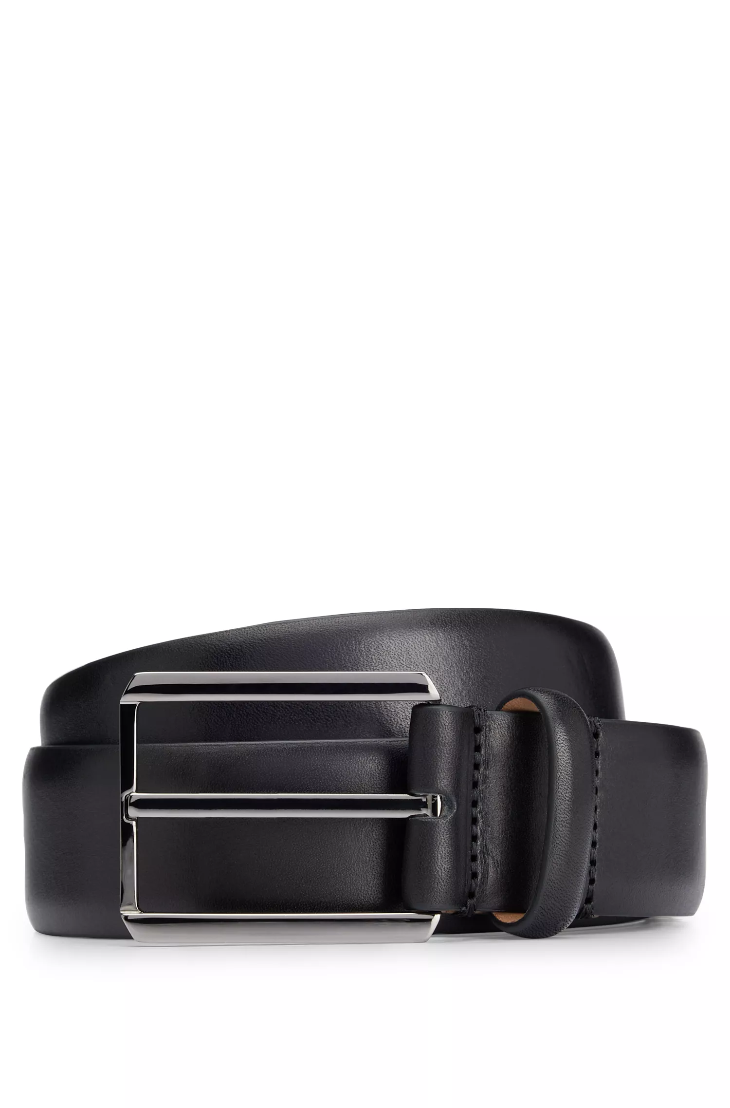 Cinto BOSS em couro italiano preto com fivela em tom de metal polido.