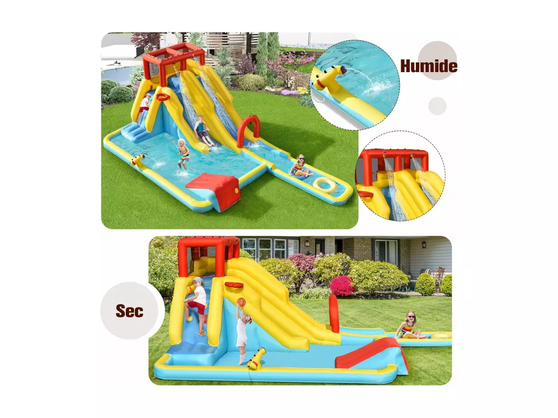 Château Gonflable 8 en 1 avec Double Toboggan Aquatique, Maison de Rebond Gonflable avec Mur d’Escalade, Pistolet à Eau, Anneaux de Natation pour 3 Enfants de 3-10 Ans (sans souffleur)