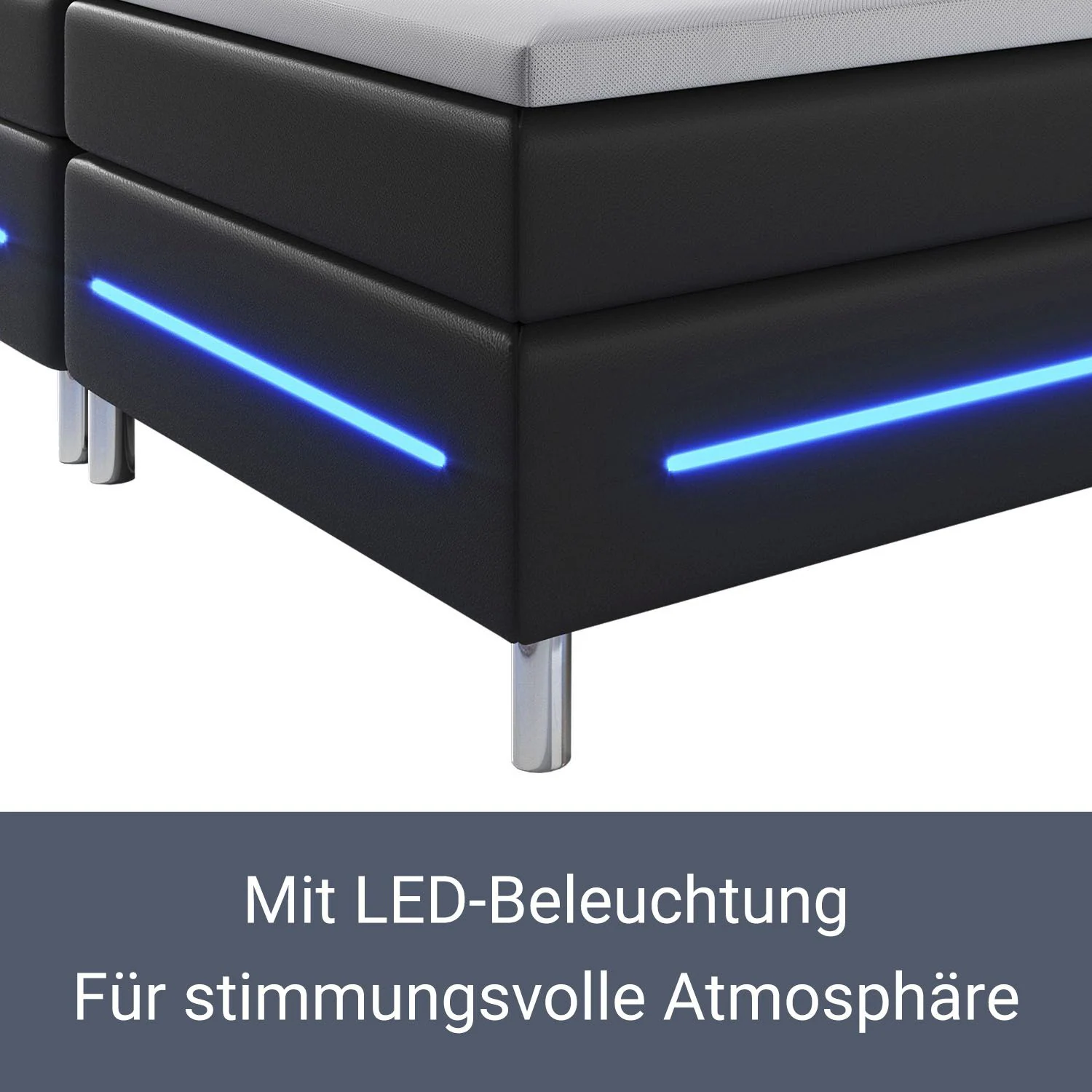 Juskys Boxspringbett Norfolk 140 x 200 cm – LED Beleuchtung, Bonell-Matratzen & Topper - schwarz
