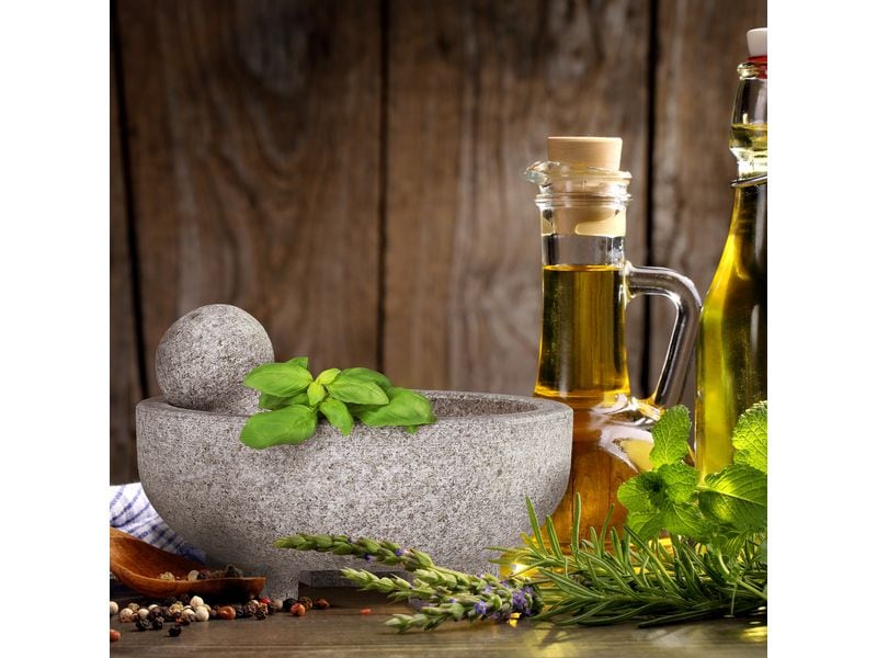 relaxdays Mörser mit Stössel 20 cm, Granit Granitmörser für Hobbyköche und Profis