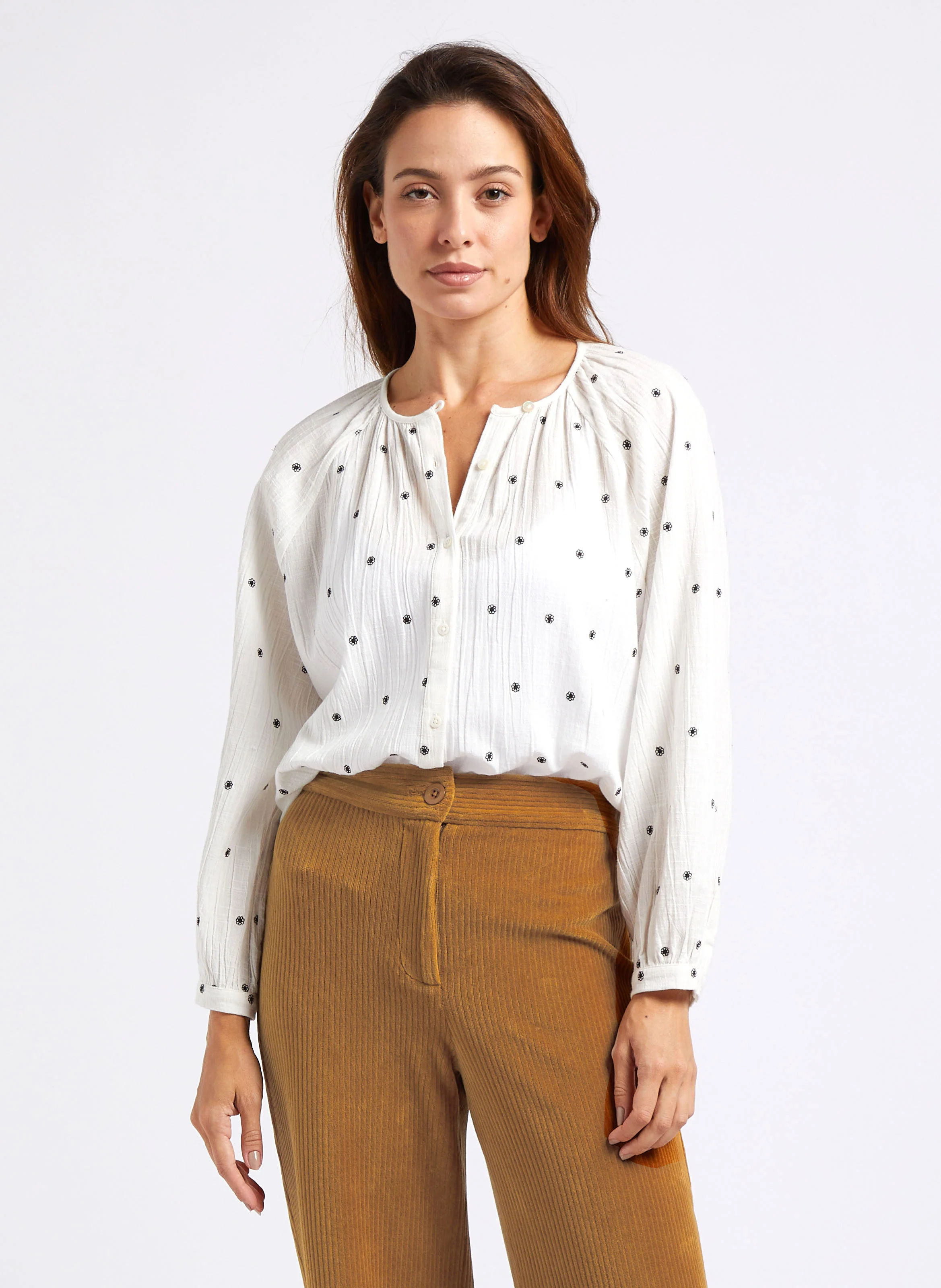 Chemise ample col rond en coton | Blanc