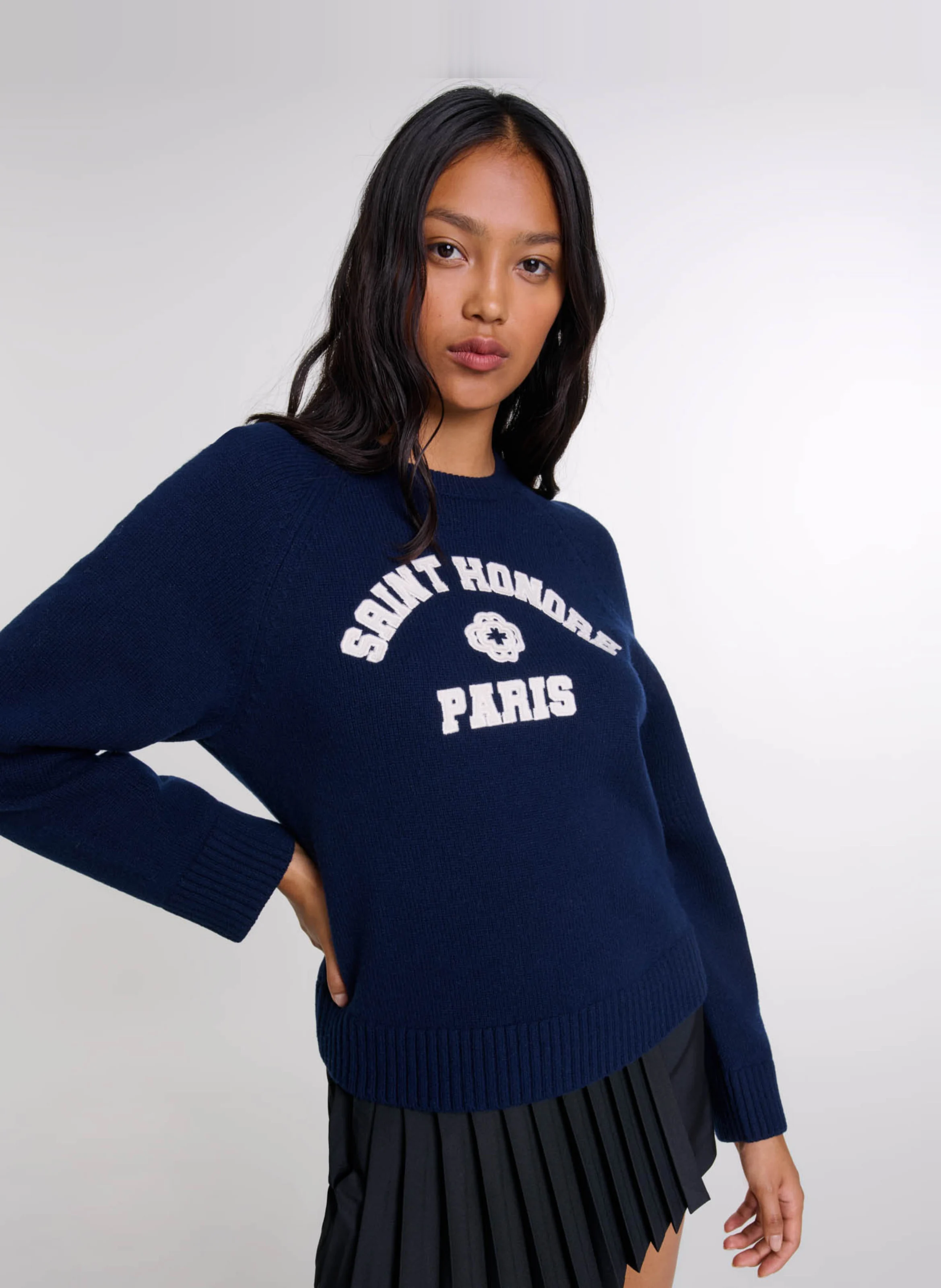 Pull col rond droit en laine mélangée | Bleu