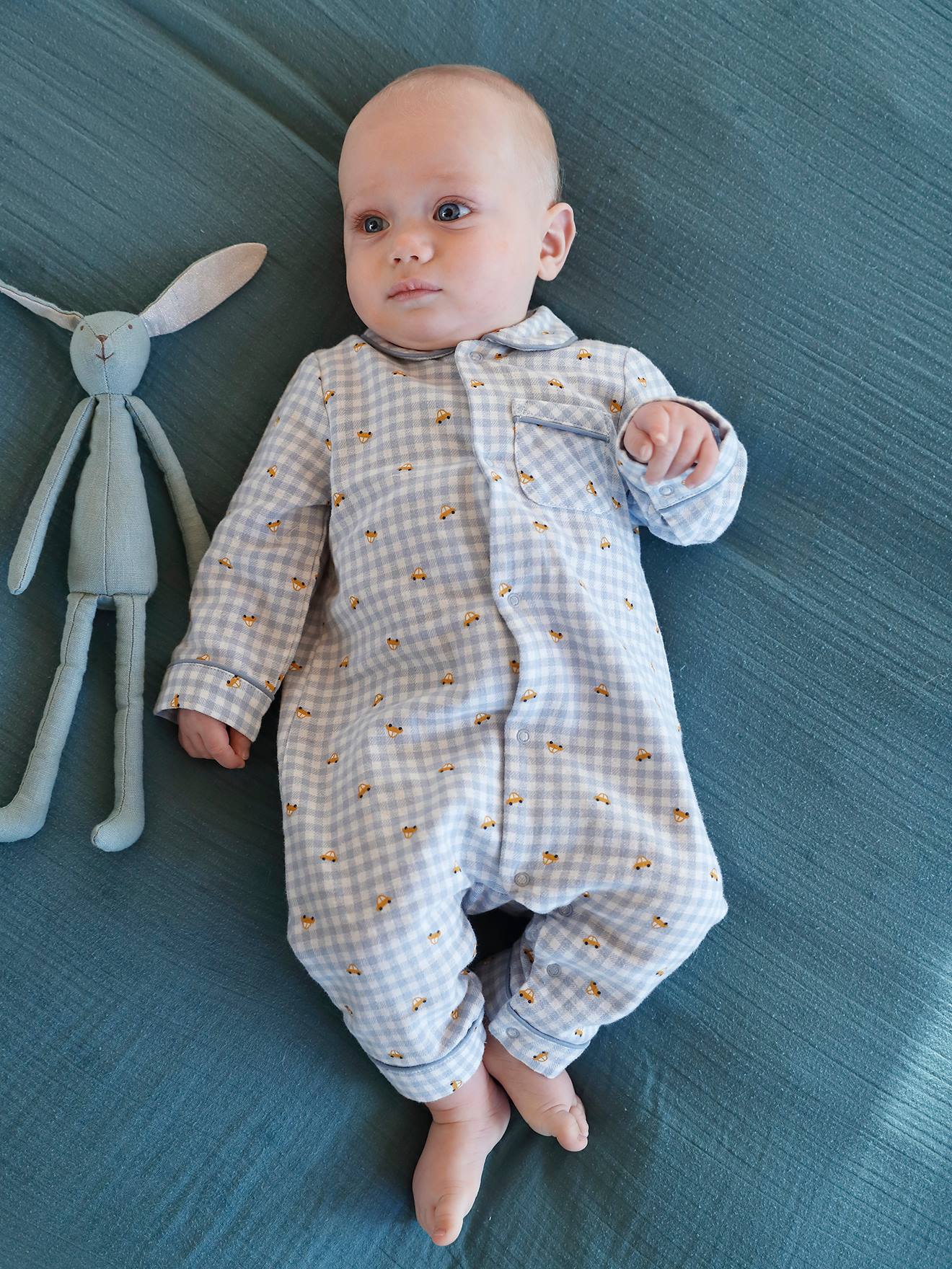 Pijama de flanela para bebê, xadrez branco claro.