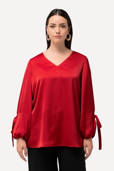 Bluse, V-Ausschnitt, A-Linie, Zierschleife, Ballonärmel