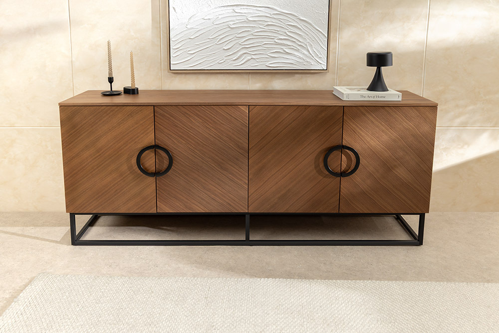 Industrial Sideboard GRANDEZZA 180cm natur Walnuss schwarz Metall viel Stauraum
