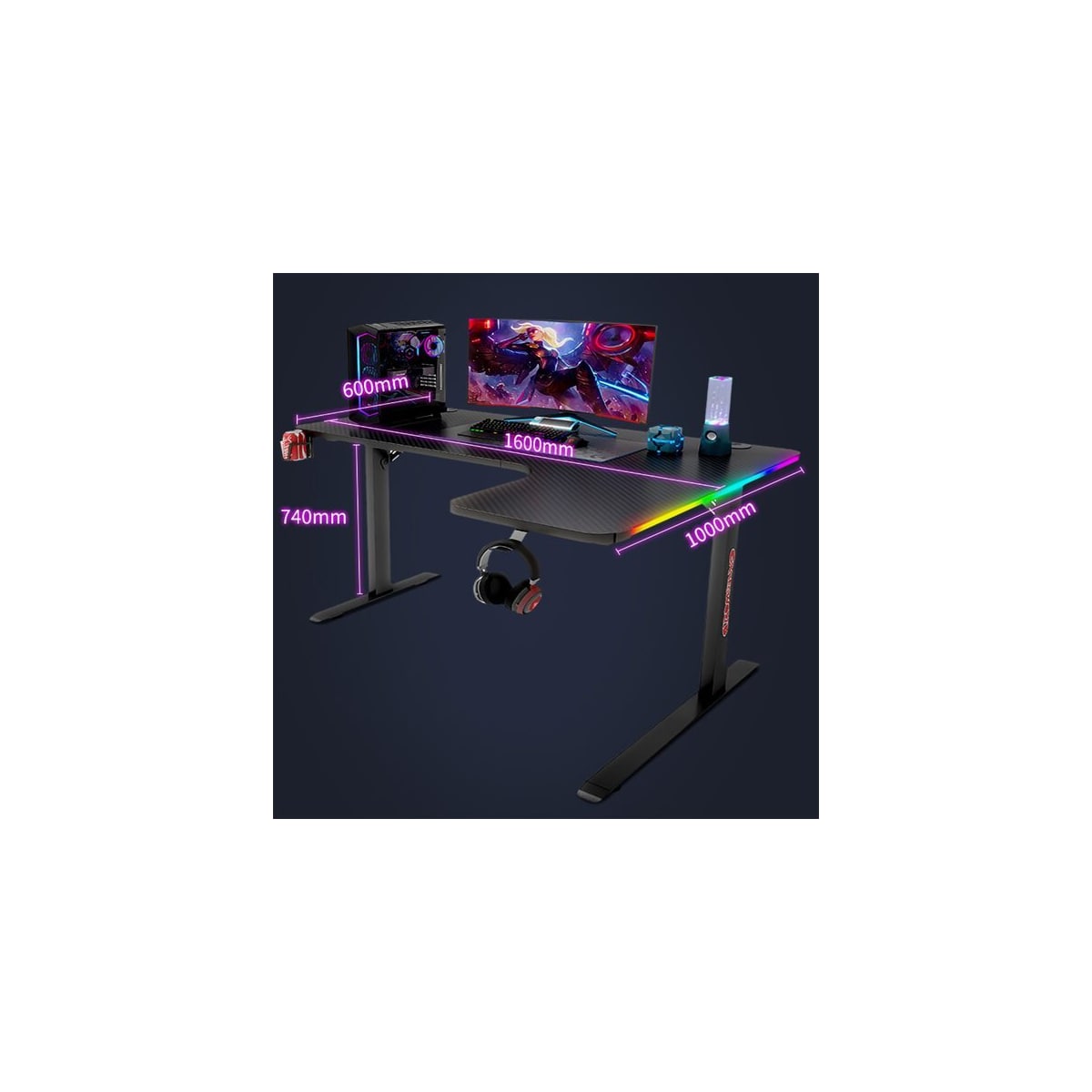Venstrevendt gamingbord med justerbar bredde og karbonfiberstruktur