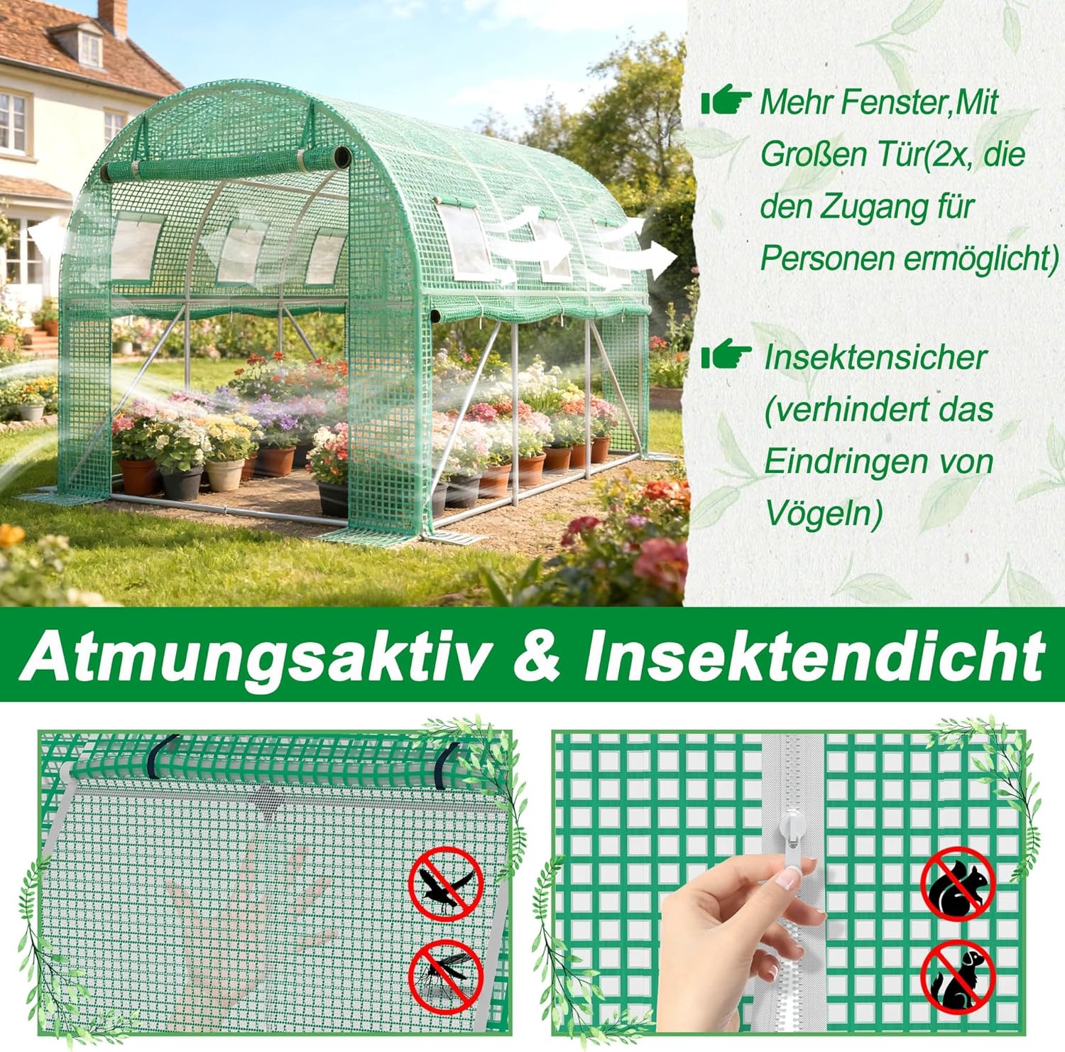 Gewächshaus 3x8 m (24 m²) – Garten Foliengewächshaus mit 16 Fenstern, UV-beständig, verzinkter Stahlrahmen, Moskitonetz, ideal für Gemüse, Tomaten, Blumen, Tomatenhaus, grün